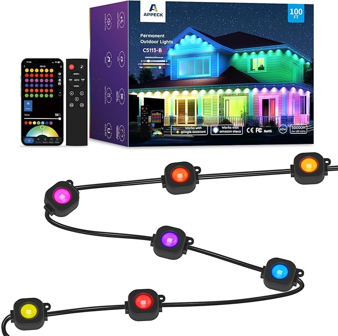 APPECK Permanent Outdoor Lights 100ft,RGBW Eaves Light with 72 LED Lights,111+ Scenes Modes Outdoor Lighting, Waterproof Permanent Light for Daily Holiday Decorations, Works with Alexa,Black