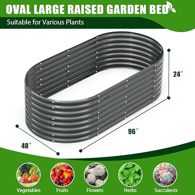 A ANLEOLIFE 6-Set 8X4X2 ft Galvanized Raised Garden Bed Kit, Oval Metal Deep Root Planters for Outdoor Plants, Quartz Grey