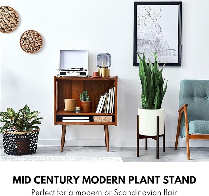 Fox & Fern Adjustable Plant Stand Indoor — 8 to 12 Inch Premium Mid Century Bamboo Plant Stand with Adjustable Width; Plug In Design; Easy to Assemble; Two Heights - For 8, 9, 10, 11 & 12 Inch Pots