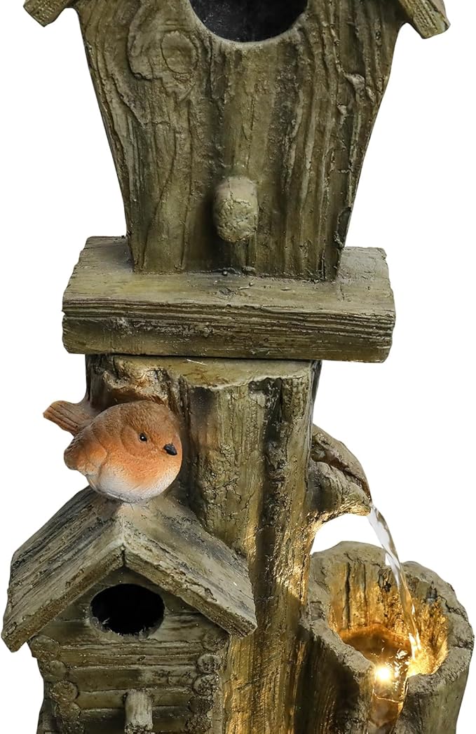 Outdoor Water Fountain with Birdhouse, 39.3inches Rustic Outdoor Water Fountains - Outdoor Cascading Waterfall with Decorative Birds & Buckets, Pump & Lights for Backyard Patio Decor