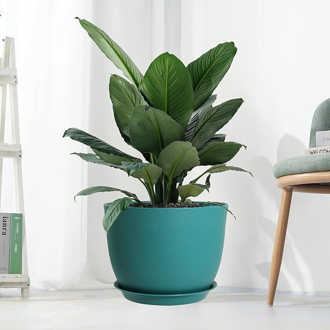 UOUZ 12inch Large Plant Pot, Modern Plastic Planter with High Driange Holes and Saucer for Indoor Outdoor Garden Plants and Flowers, Black with Green Speckles