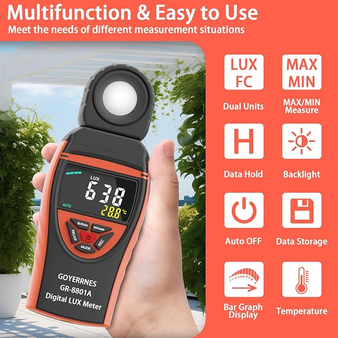 GOYERRNES Illuminance Light Meter, Digital Lux Foot Candles Meter 0.1~400,000 Lux (0.1~40,000 FC) with 270º Rotatable Detector, Lumen Meter Luxmeter for Indoor Outdoor(Multicolor Backlit)