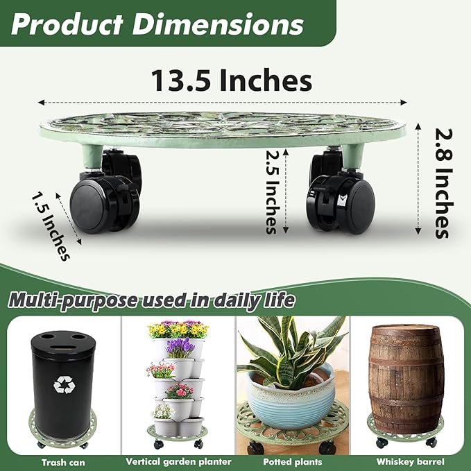3 Packs 14 Inch Rolling Plant Stand with Wheels Metal Plant Caddy with Wheels Heavy Duty Round Plant Stand Indoor Iron Plants Rollers for Plants, Plant Dolly Retro Green