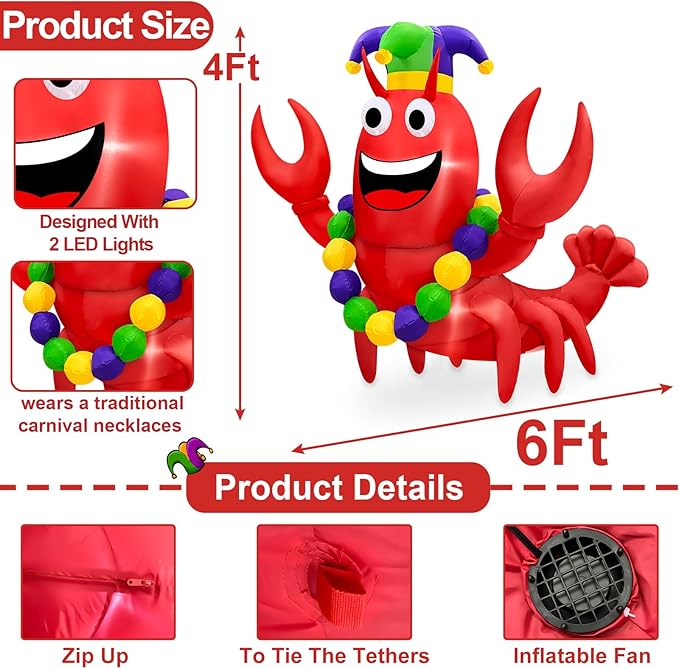 6 Ft Mardi Gras Decorations Inflatable Lobster with Crown Necklace Built-in LED Lights, Blow Up Lobster Outdoor Decor for Mardi Gras Carnival Party Yard Lawn Garden Home Indoor