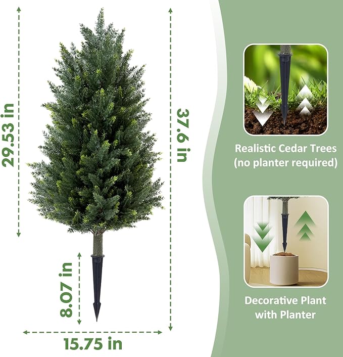 Pair Artificial Cedar Topiary Christmas Trees, 3ft UV-Resistant Faux Cypress shrubs w/Ground Spikes (Including Lights),Tall Evergreen Decorative Plants for Outdoor & Indoor Porch, Patio, and Garden