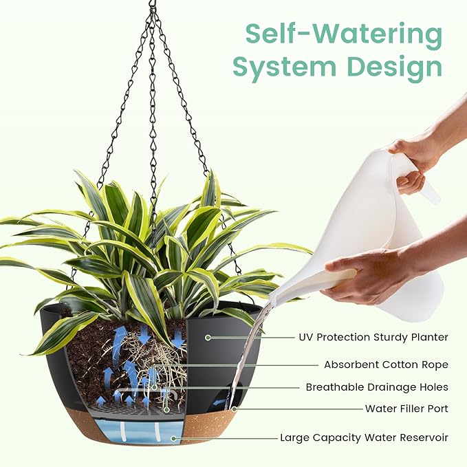 UOUZ 4 Pack 8 Inch Self Watering Hanging Planters for Indoor Outdoor Plants，Hanging Pots for Plants with Drainage Removable Tray, Hanging Baskets Flower Pots for Pothos Spider Garden Black with Brown