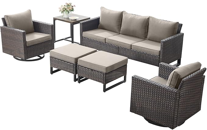 Rilyson Wicker Outdoor Patio Furniture Set - 6 Piece Patio Conversation Set with 2 Swivel Rocker Chairs,2 Rattan Ottoman,1 Couch and 1 Metal Side Table for Outside Porch Deck Backyard(Brown/Grey)