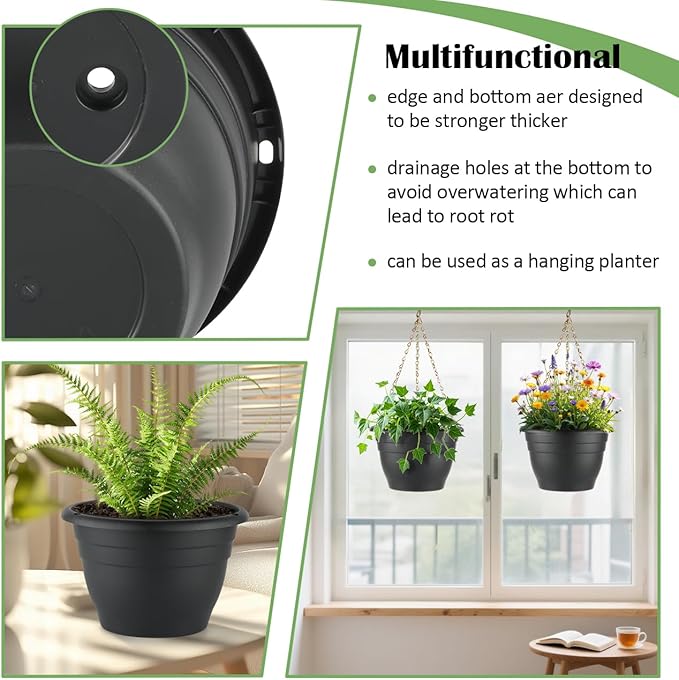 RooTrimmer Plant Pots Set of 5, 10" Outside Diameter Flower Pots, 8.5" Inner Diameter Planters with Drainage Hole, Durable Perfect for Indoor & Outdoor Plant Planting, Decor, Black