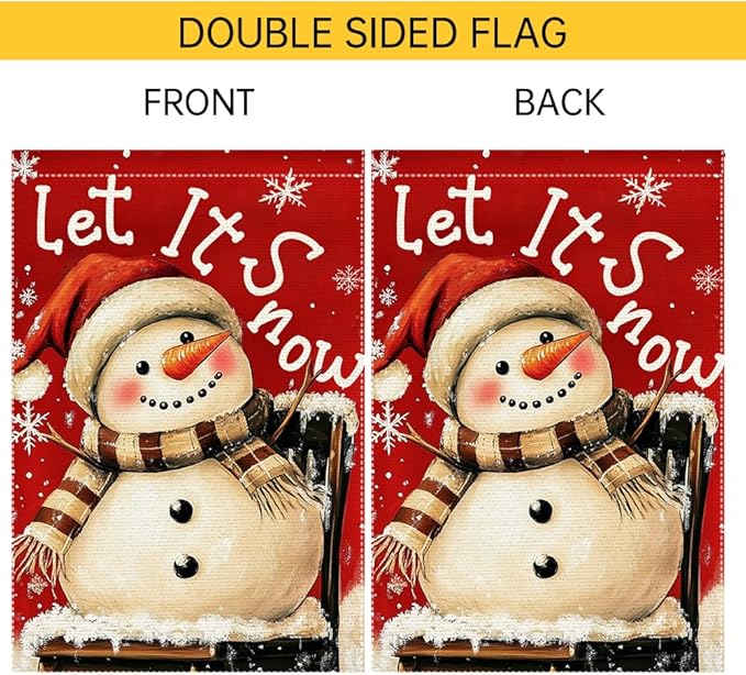 Christmas Snowman Garden Flag 12x18 Inch Double Sided Burlap Holiday Yard Decoration Santa Hat and Scarf Snowflake Design Outdoor Welcome Banner