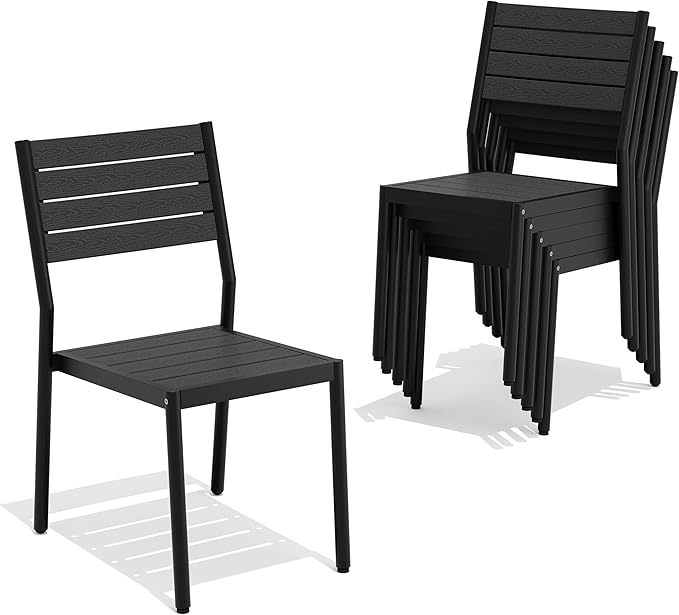 Pellebant Stackable Outdoor Dining Chairs Set of 6, Aluminum Patio Chairs with Armless, All-Weather for Garden, Lawn, Deck, Porch and Yard, Black
