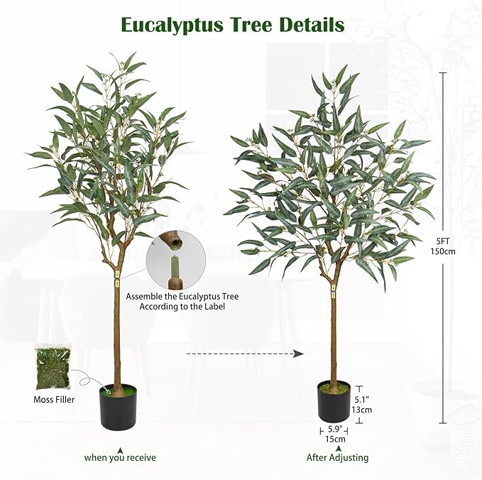 Briful 5ft Artificial Eucalyptus Tree in Black Pot, Realistic Silk Potted Floor Plant Eucalyptus Plant for Home Decor Indoor Outdoor Patio Office, Green Leaf