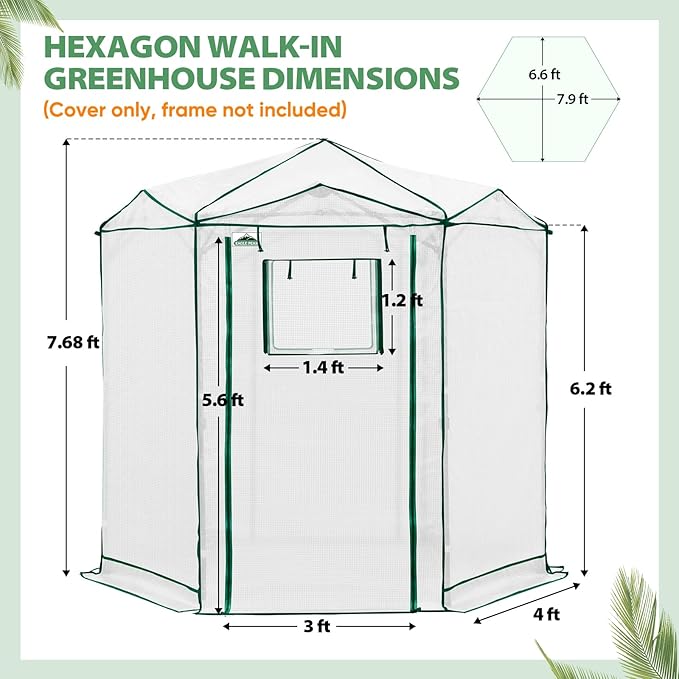EAGLE PEAK Replacement Cover for 6.6x6.6 ft Hexagon Pop up Greenhouse, Front and Rear Roll-Up Zipper Entry Doors and 2 Roll-Up Side Windows (Frame Not Included), White