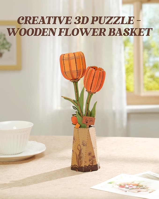 rowood Orange Tulip Wooden Flower,DIY Artifical Flower Building Set Craft Kit for Adults,Mother's Day/Valentine's Day for Mom/Women/Grandma