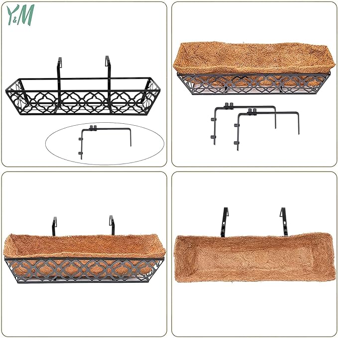 Y&M Flower Boxes for Deck Railings 24inch 4packs, Deck Railing Planter Boxes with Coir Liner Outdoor Railing Window Boxes Planters Hanging Planter Flower Box