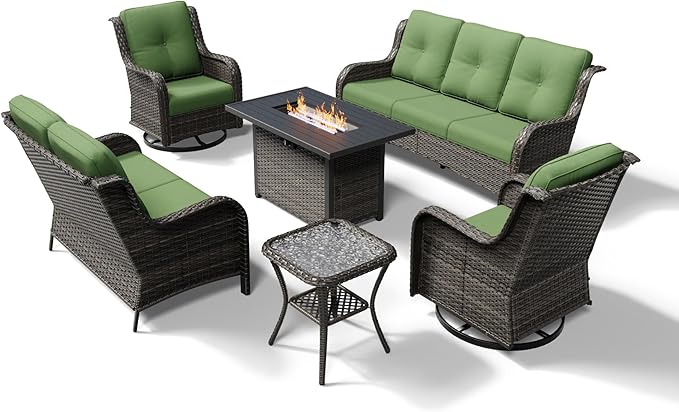 Joyside 6 Piece Wicker Patio Furniture Set with Fire Pit Table, Outdoor Swivel Rocker Patio Chairs with High Back, Deep Seating, Wide Armrest, Thickened Cushions, Outdoor Furniture for Deck, Porch Use