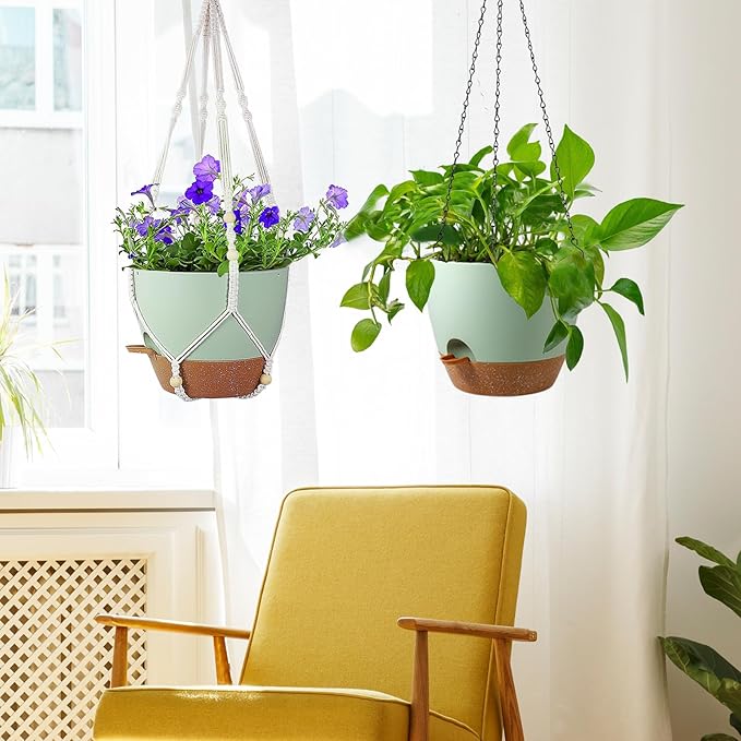 Meowell 10 inch Self Watering Hanging Planters for Indoor Plants, 2 Pack Hanging Baskets for Outdoor Plants, Hanging Flower Pots with Drainage Holes & 2 Kinds of Plant Hangers for Home Decor, Green