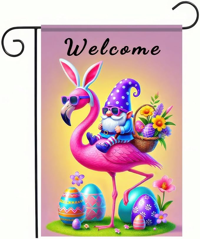 Easter Garden Flag 12" X 18" Double Sided Welcome Easter Flamingo Flag Gnome Garden Flag Gnome and Flamingo Welcome Spring Holiday Yard Outdoor Banner Yard Flags for Party Home Decor