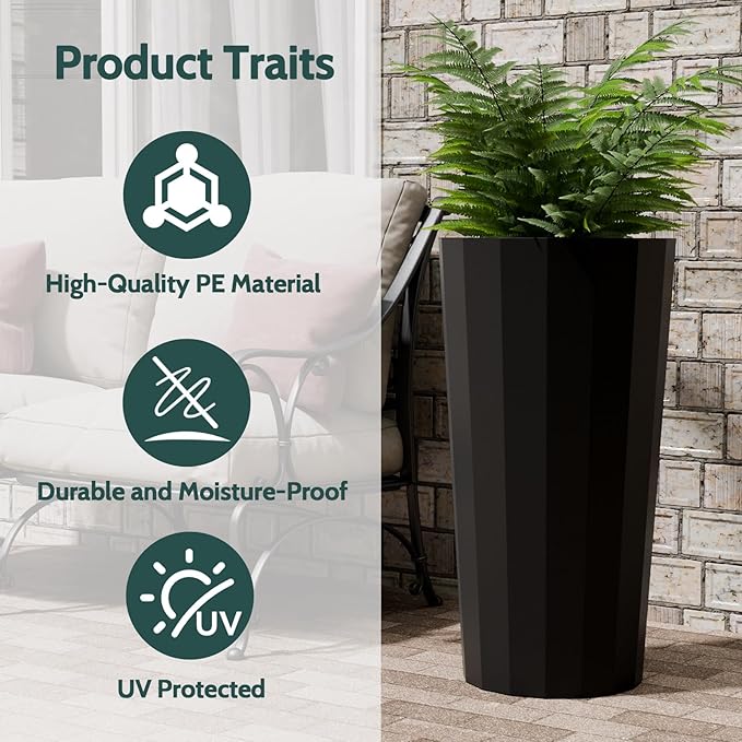 Diyfire 2PCS Tall Planters for Outdoor Plants, 23.6 Inches Large Outdoor Conical Flower Pots for Porch with Drainage Holes and Drainage Baffle, Tapered Large Planters for Garden, Balcony Use, Black