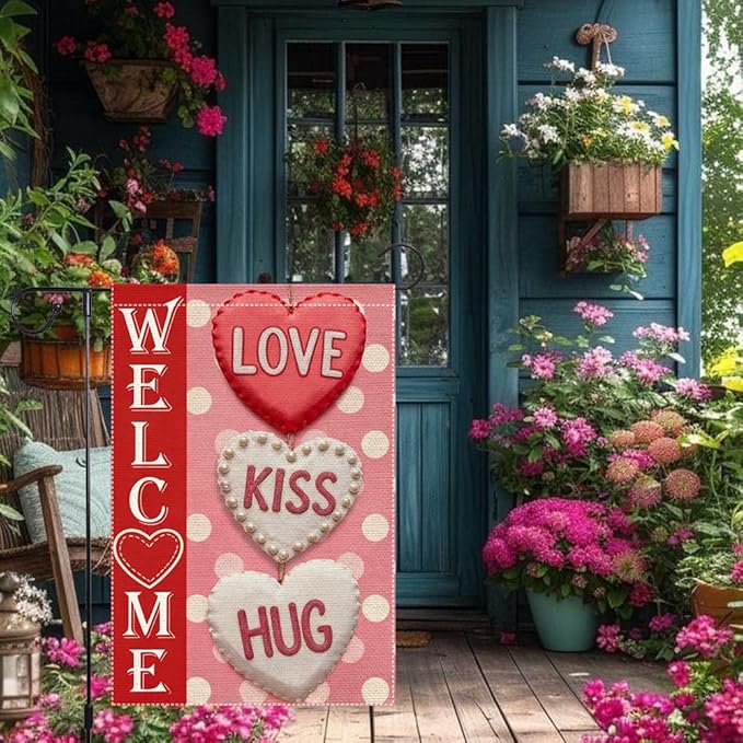Welcome Love Kiss Hug Garden Flag Valentines Day Garden Flags 12x18 Inch Double Sided Small Burlap Valentine’s Day Seasonal Decor for Outdoor Yard Patio Porch