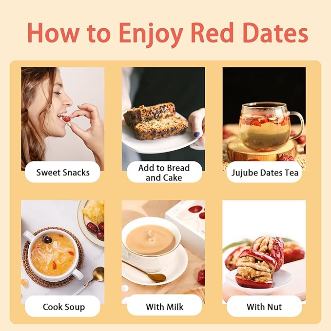 Jujube Red Dates,17.6oz/500g, 红枣 대추 Dried Fruit- No Sugar Added, Asian Snacks, Not Too Dry, Soft & Chewy, Brew Tea, Soup, Adorn and Sweeten Cakes, Warm red dates Aroma, Improve Sleep and Digestion