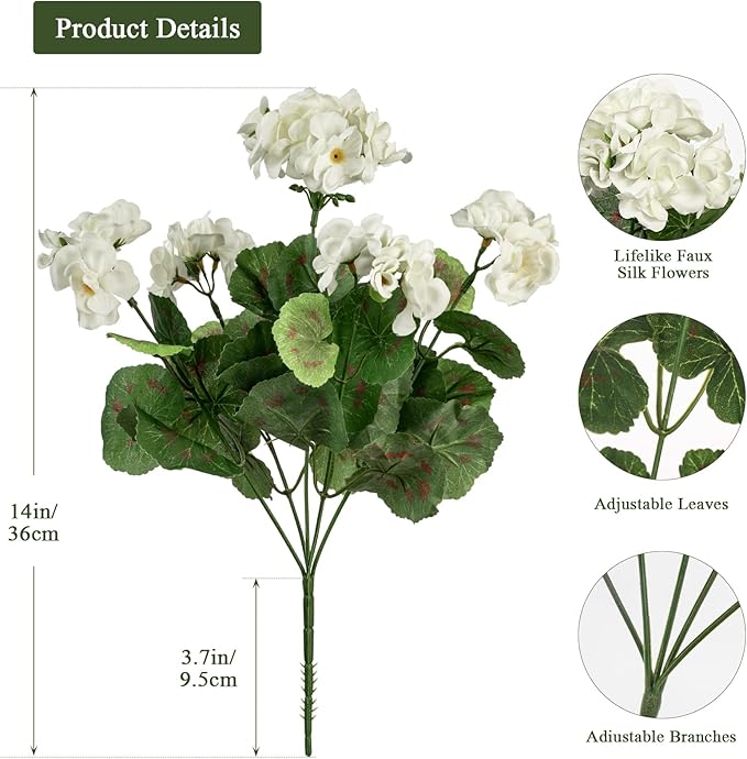 Uqueeten Artificial Flowers for Outdoors Artificial Geranium,Fake Flower White Geranium Artificial Plant Home Decor,Silk Geraniums Realistic Outdoor Flower Fake Plant Decoration 14.4" (White) 8PCS