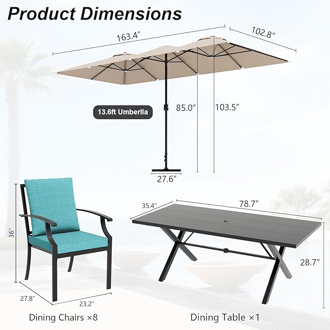 10-Piece Patio Dining Set,Metal Outdoor Furniture Set Includes 13.6FT Sand Umbrella,Hole Cut-Out 78.7" x 35.4" Table and 8 Metal Backrest Chairs for Backyard,Garden,Blue