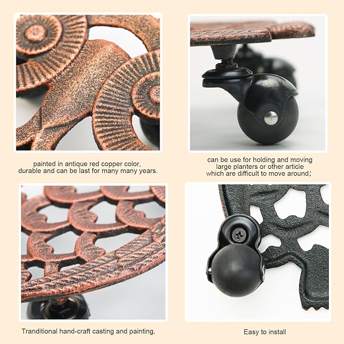 Sungmor Heavy Duty Cast Iron Plant Caddy with Wheels - 2 Pack Vintage Owl Design Plant Stand, Metal Rolling Plant Tray for Indoor & Outdoor Use - 11 Inch, Antique Bronze