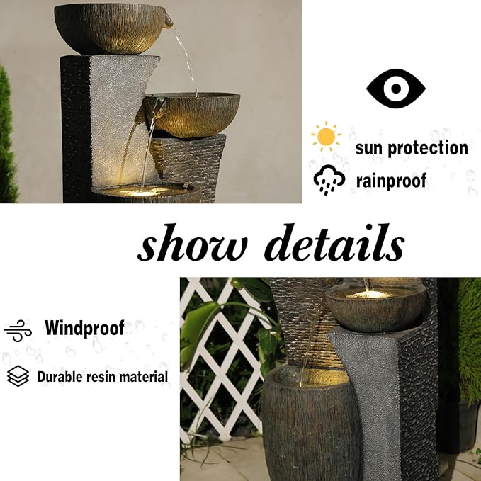 51.6'' H Tall Outdoor Water Fountain, 5-Tier Resin Cascading Crock Bowls with LED Lights, Garden Water Feature and Waterfall for Porch, Deck, Patio, Yard, and Home Décor, Dark Gray