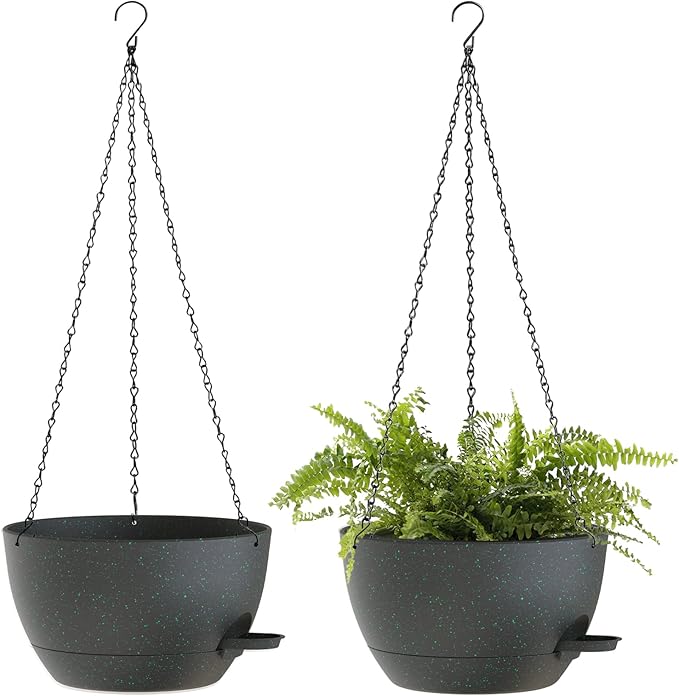 SQKH 10 Inch Hanging Baskets 2 PC with Chains, Self-Watering Hanging Planters for Indoor Outdoor Plants, Plastic Hanging Flower Pots,Black with Green Speckles