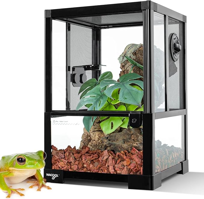 WACOOL TERRA Vertical Habitat Tank 10 Gallon for Tree Dwelling Reptiles and Amphibians, 360°Full Vision Glass Reptile Terrarium 12" x 12" x 18" with Double Side Mesh Panels