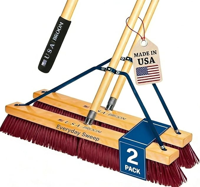 2-Pack - 24" Everyday Sweep Indoor/Outdoor Push Broom with 60" Handle. Ideal for Garages & Shops. Durable American Made Steel Brackets-All Stainless Steel Hardware. No Plastic. 100% USA Made
