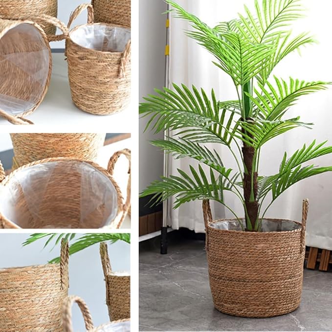 Rattan Planter Basket, Straw Weaving Woven Straw Flower Pot, Wicker Rattan Vase Sundries Organizers Storage Bins, Hand Woven Basket Planter with Plastics Liners and Handle for Indoor Outdoor (Medium)