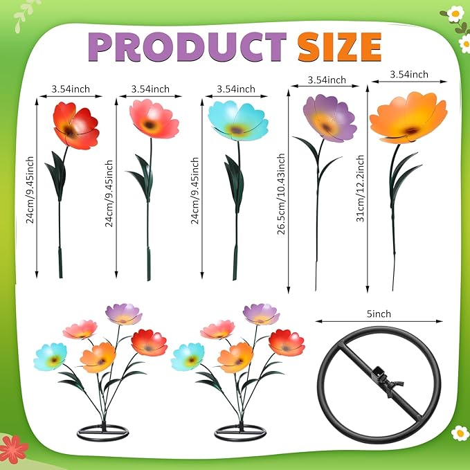 Yaocom 2 Pack Metal Flowers for Outdoor, Decorative Garden Stakes Yard Art, Outdoor Spring Garden Stake Summer Decor Bouquet of Poppy Flower Rustic Handcrafted Items for Lawn Porch Fence(Colorful)