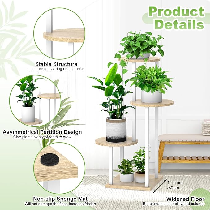 YOCOMEY Plant Stand Indoor, 4 Tier Thickened Metal Corner Plant Shelf for Multiple Plants, Indoor Plants Tiered Flower Pot Stand for Patio Garden Balcony Living Room Bedroom (White Oak)