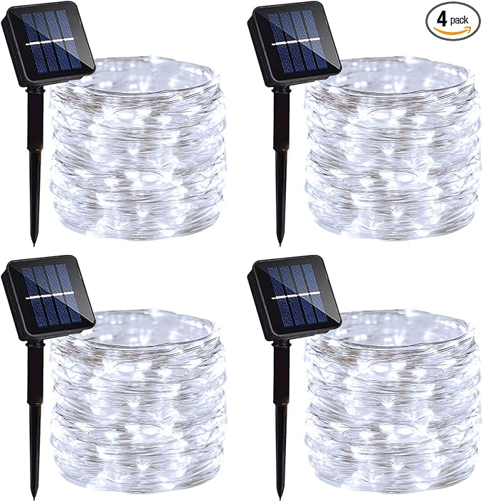 4 Pack Solar Fairy Lights 131.2Ft 400 LED, Twinkle Lights with 8 Modes, Waterproof Silver Wire String Lights for Garden Patio Party Weding Decorations (Cool White)