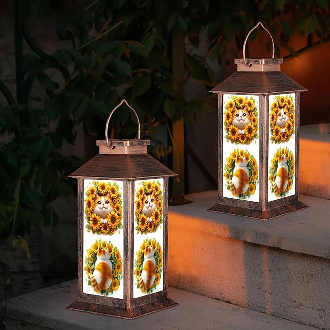 Solar Lanterns for Garden Decor,Waterproof Design Ideal Birthday Gifts for Women, Mom, and Grandma Solar LED Hanging Lights for Yard, Patio, Lawn, and Porch(Cat + Sunflower)