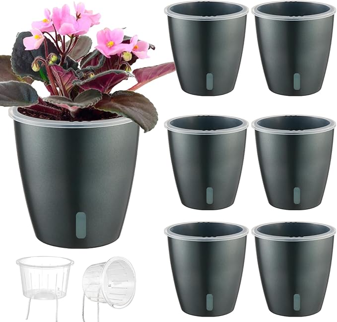 KvyusFlourish Self Watering Pots for Indoor Plants, 6-Pack 5'' Self Watering Planter with Drainage Holes, Small African Violet Pots with Water Indicator, Clear Wick Orchid Pot, Grey