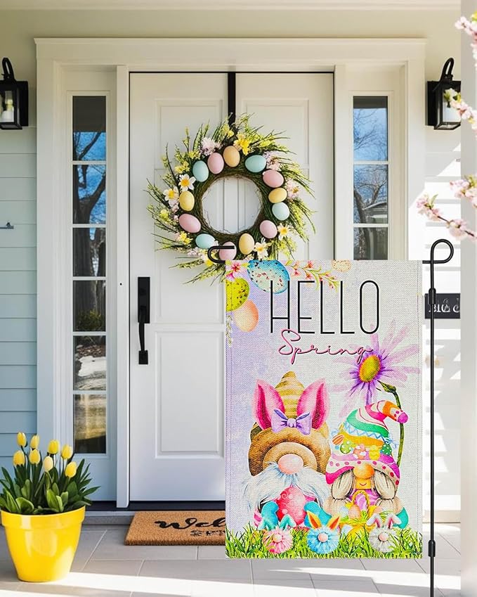 Easter Gnomes Garden Flag 12×18 Inch Double Sided for Outside Hello Spring Small Vertical Burlap Yard Flags Outdoor Lawn Porch Decoration