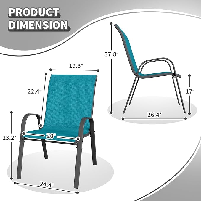 Patio Dining Chairs Set of 8, Stackable Dining Chairs High Back, Breathable Seat Fabric and Alloy Steel Frame Fit Backyard, Porch, Lawn，Poolside (Sky Blue)