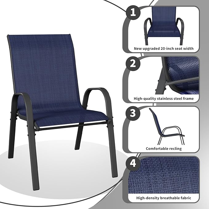 Patio Dining Chairs Set of 4, Outdoor Stackable Dining Chairs High Back for All Weather, Patio Furniture for Backyard, Porch, Garden, Pool Deck (Blue)