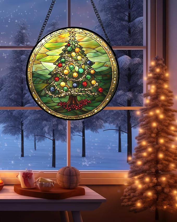 DASTOLL Stained Glass Window Hanging - Green Christmas Tree Gold Ribbon Suncatcher for Doors Home Christmas Decoration Sun Catcher Thanksgiving New Year Birthday Gifts for Women Men Mom Nana 15 in