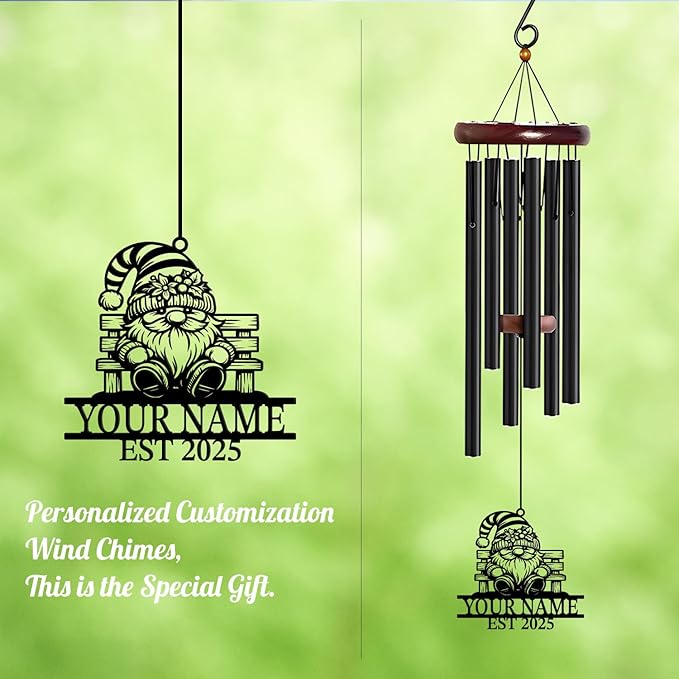 Personalized Customize Name Gnome Wind Chime, Metal Iron 37 Inch Outdoor Memorial Gift for Garden Yard Patio Home Decor, Black，Christmas (Style C)