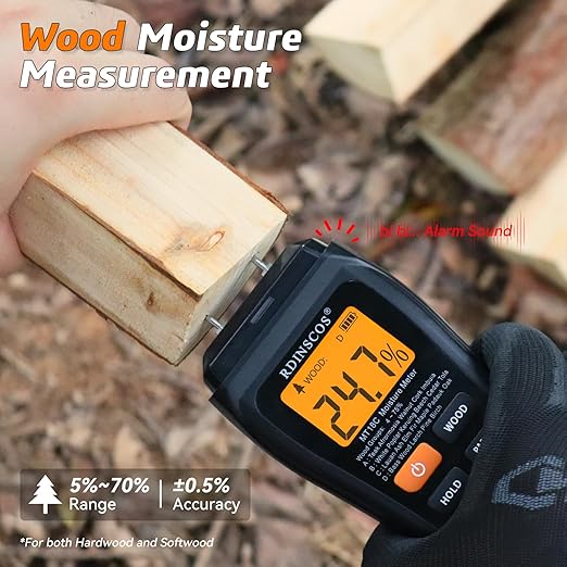 RDINSCOS Moisture Meter for Wood, Drywall, and Building Materials – Digital Moisture Detector with Fixed Pins, 4 Material Modes, LCD Display, for Home Inspection and Firewood Testing