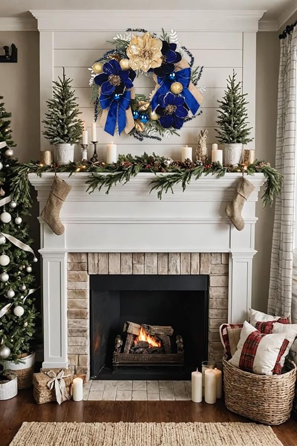 24 Inch Blue and Gold Christmas Wreaths for Front Door with Magnolia Berries, Christmas Door Wreath with Bow Balls, Pine Needles for Home Wall Window Indoor Outdoor Xmas Decorations & Holiday Decor