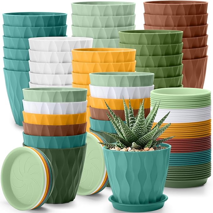 Acellegic 48 Pack 4 Inch Small Pots for Succulents, Waffle Texture Pots with Tray, Plastic Planter with Drainage Holes and Saucers, for Indoor Outdoor Plants Flowers, Seedlings (Multiple Colors)