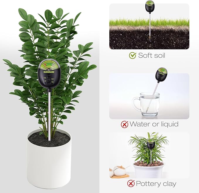 Sungramz Soil Moisture Meter for Plants, 4-in-1 Moisture/pH/Fertility/Sunlight Dial Display, pH Soil Tester for Garden, Lawn, Farm, Indoor & Outdoor Use, No Battery Required, Black