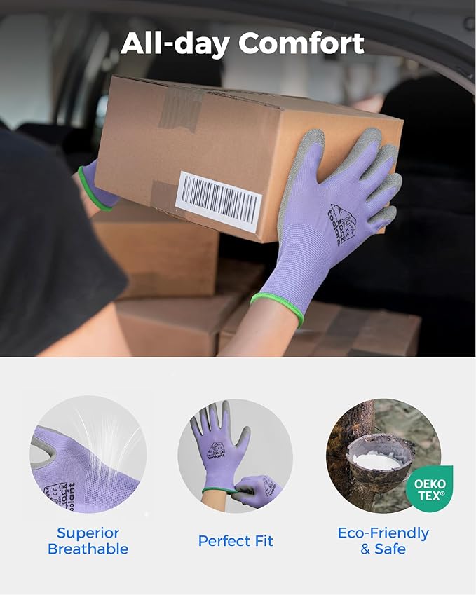 toolant Crinkle Latex Work Gloves Bulk, Rubber Coated Safety Work Gloves for Men and Women, 12 Pairs for Construction, Gardening, Warehouse (Purple & Yellow, Medium)
