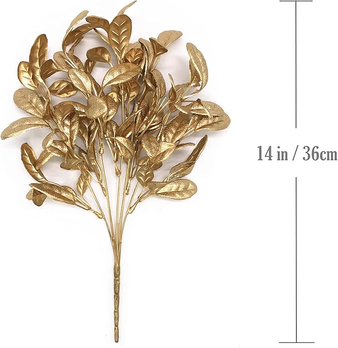 PASYOU Golden Fake Plants, Artificial Leaves Decoration for Christmas Flowers Grass Plastic Faux DIY Crafts Indoor Outdoor Home Garden Party Room Bedroom Wedding Table Centerpiece Decor, Gold 4 Pack