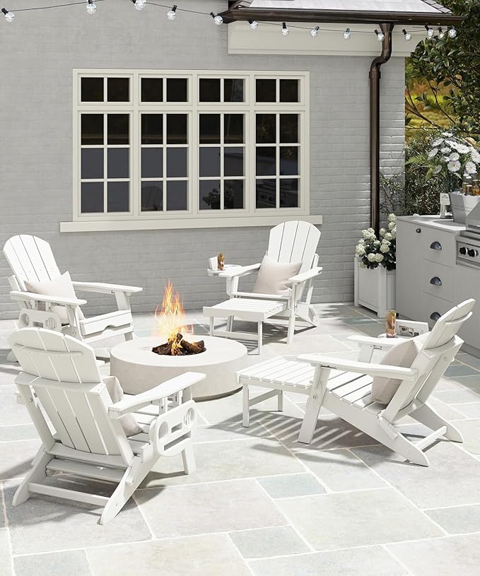 Adjustable Adirondack Chair with Retractable Ottoman Set of 4, HDPE Folding Adirondack Chair with Cup Holder, All Weather Fire Pit Chair for Outdoor.