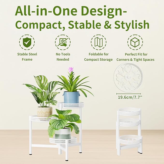 NQW 3 Tiered Tall Plant Stand Indoor Outdoor, Metral Plant Shelf for Corner Display Rack, Multi-Tier Folding Planter Pot Holder Flower Stand for Living Room Balcony Garden Patio - WhiteWave